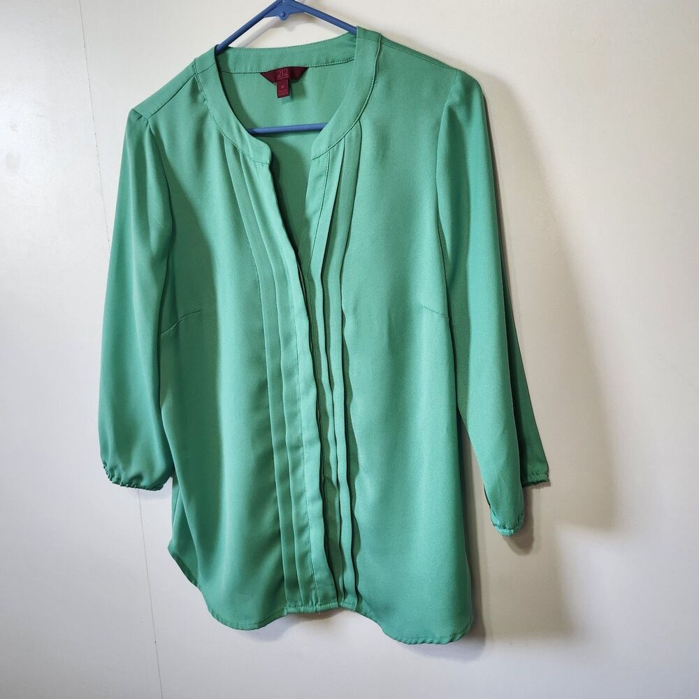 212 Collection Green Blouse Medium 3/4 Sleeve Pleated Front Top Office - Picture 2 of 11